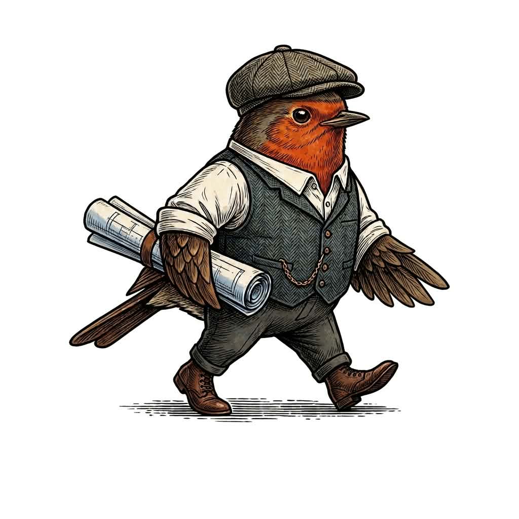 Walking Robin mascot: a robin in a flat cap and tweed waistcoat, striding along with rolled-up blueprints under one wing